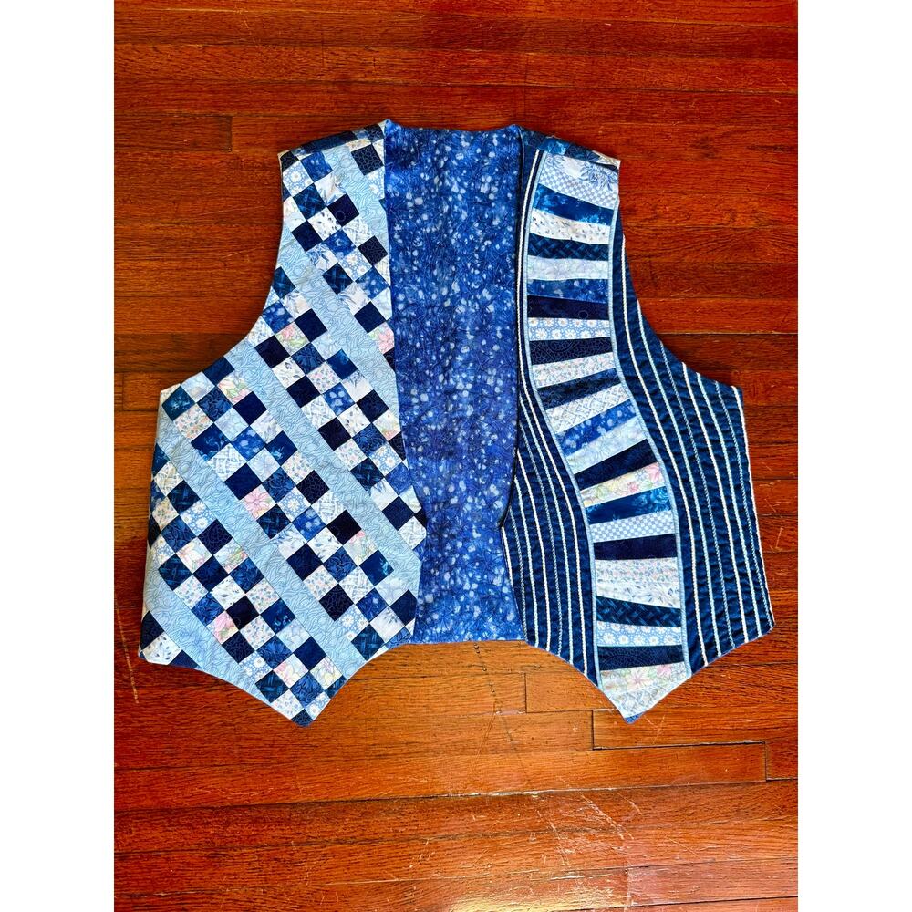 Vintage Reversible Patchwork Blue Quilted Open Front Vest Jacket One Size Whimsy